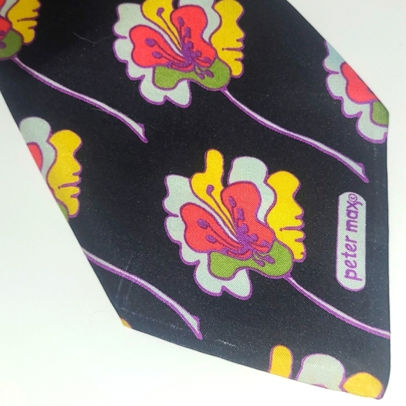 Peter Max Silk Tie Signed Pop Art Black w Hibiscus Floral Print Blue Pink Yellow - Picture 5 of 11